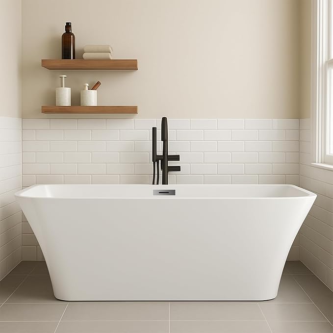 59" Acrylic Freestanding Bathtub - Glossy White Rectangle Soaking Tub with Chrome Overflow & Drain Kit, CUPC Certified