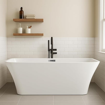 59 Inch Freestanding Bathtub, Modern Acrylic Soaking Bathtub, Ergonomic Deep Tub with Non-Slip Base and Chrome Drain, Standalone Design for Relaxing Bathroom Use, White