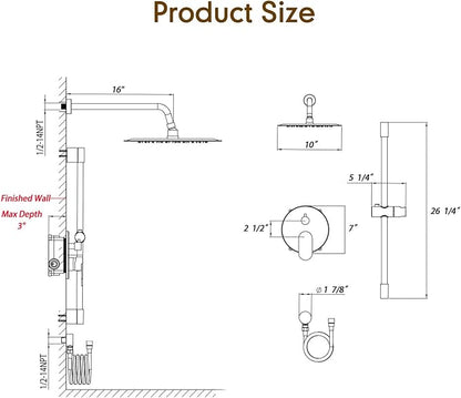 Gabrylly Shower System Gold, Slide Bar Shower Faucet Set with High Pressure 10" Rain Head and 5-Setting Handheld Spray, 2 Way Pressure Balance Valve with Trim Kit, Brushed Gold