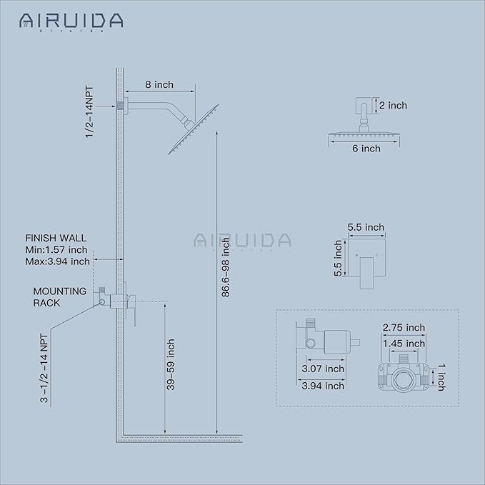 Airuida Shower Faucet Set Bathroom Rain Shower System SUS304 Stainless Steel Single Handle With Male Threads Rough-in Valve Shower Trim Kit 6 Inch Wall Mount Shower Head Matte Black