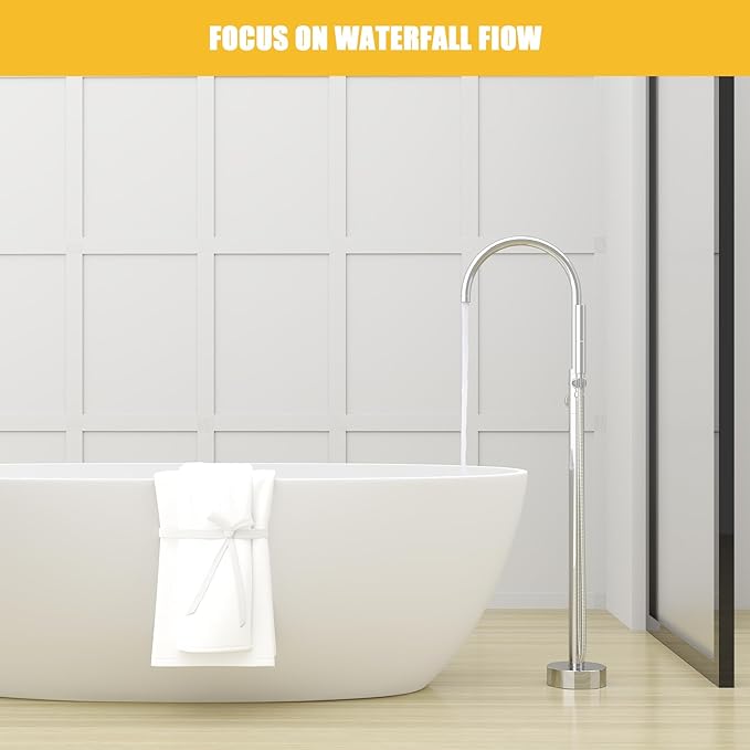 BESy Freestanding Bathtub Faucet Tub Filler Free Standing Floor Mount Stand Brass Bathroom Tub Faucets with 2 Function Hand Sprayer Shower Handheld Wand Swivel Spout, Polished Chrome Finish