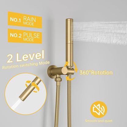 BESy Shower System with 10 Inch Round Rain Shower Head and Handheld Wall Mounted, High Pressure Rainfall Shower Faucet Fixture Combo Set with 2 in 1 Handheld Showerhead for Bathroom, Brushed Gold