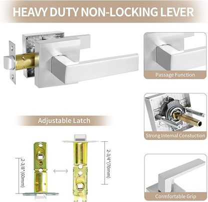 Square Passage Door Lever, Heavy Duty Interior Door Handles for Hallway& Closet Non-Locking Door Knob in Satin Nickel Keyless Door Lockset for Right & Left Side Door, 2 Pack