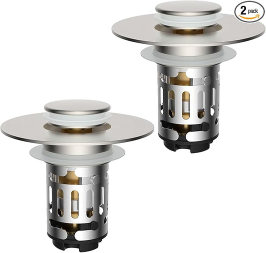 Hibbent 2 Pack Upgraded 3 in 1 Bathroom Sink Drain Strainer, Universal Pop Up Stopper with Removable Stainless Steel Filter Basket Hair Catcher, Sink Plug for 1.1''~2.36'' Basin, Brushed Nickel