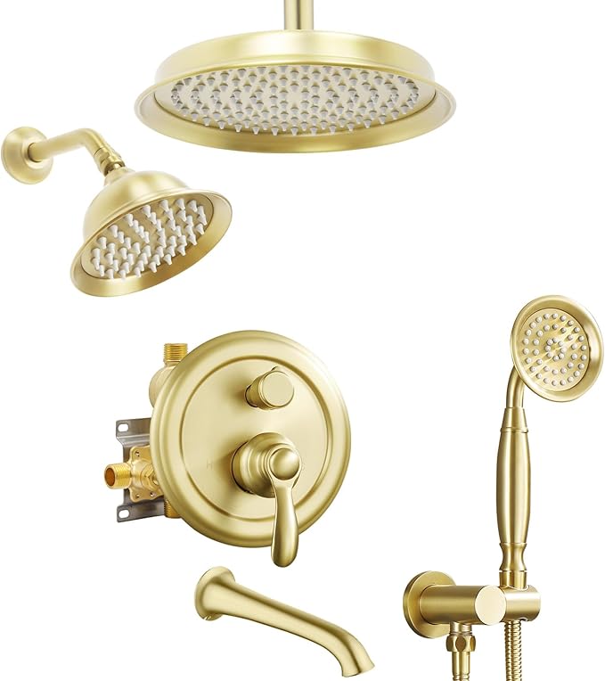 Dual Antique Shower Head System with Tub Spout: 9" Ceiling Mounted Rain & 6" Wall Mount Rainfall, Handheld Spray Vintage Faucet Set, 4 Way Diverter Brass Valve with Trim Kit, Brushed Gold