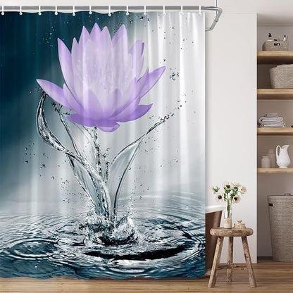 Lotus Shower Curtain Black White Blue Violet Flower Elegant Blooming Floral with Dew Spring Flower Reflection on Water Modern Romantic Polyester Fabric Bathroom Decor 70×84 Inch with Hook