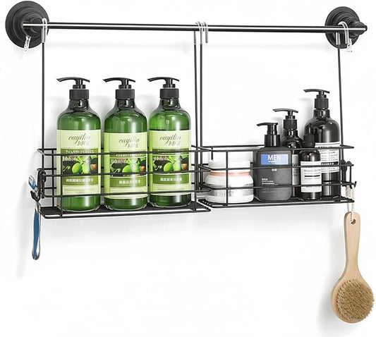 2pcs Single-Layer Shower Caddy Hanging Shower Orangizer Stainless Steel Shower Rack with Hooks Over The Door, Shampoo Basket Storage (Black)