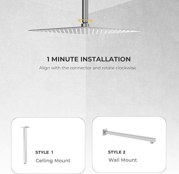 Rain Shower Head - 12 Inch High Pressure Shower Heads 304 Stainless Steel Ultra Thin Square Showerhead Pressure Boosting Design, Ceiling or Wall Mount, Chrome