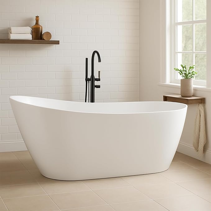 59 in Acrylic Freestanding Bathtub, Contemporary Stand Alone Tub,Glossy White Soaking Tub, with Chrome Overflow and Drain, CUPC Certified