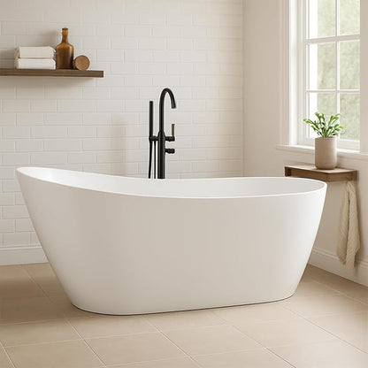 59 in Acrylic Freestanding Bathtub, Contemporary Stand Alone Tub,Glossy White Soaking Tub, with Chrome Overflow and Drain, CUPC Certified