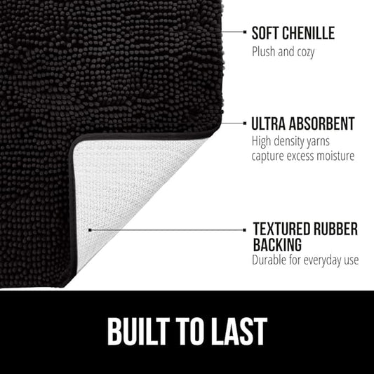 GORILLA GRIP Bath Rug Mat 60x24, Thick Soft Absorbent Chenille, Quick Dry Microfiber Mats, Rubber Backing Washable Shower Floor Rugs, Bathmat Runner, US Designed Bathroom Home Decor Accessories Black