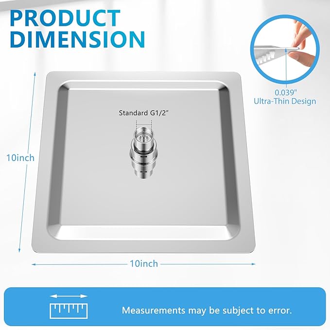 Square Rainfall Shower Head, High Pressure Flow with 304 Stainless Steel Made, Relaxed Shower Experience, Universal Ceiling or Wall Mount, 10inch Chrome