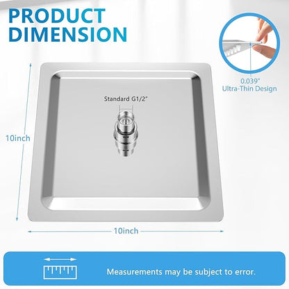 Square Rainfall Shower Head, High Pressure Flow with 304 Stainless Steel Made, Relaxed Shower Experience, Universal Ceiling or Wall Mount, 10inch Chrome
