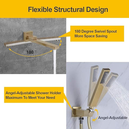Wall Mounted Bathtub Faucet with Handheld Shower, Solid Brass 180° Swivel Bathroom Tub Filler Faucet with Hand Shower Modern Single Handle Tub Faucet Set, Brushed Gold