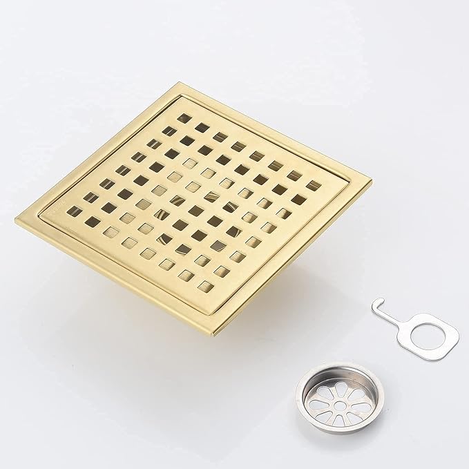 Square Shower Floor Drain Brushed Gold 6 Inch，Grille with Removable Cover,SUS304 Stainless Steel