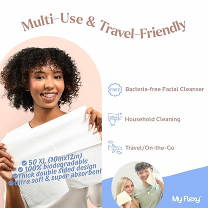 Disposable Face Towels XL for Skin Care & Makeup Removal – 100% Biodegradable Towelette, Face Wash Cloth, Disposable Face Towel for Skincare, Facial Towels, Dry Wipe, Hypoallergenic -50 Count