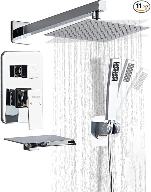 12inch Polished Chrome Shower System with Tub Spout, Shower Faucet Set with Rain Shower Head and Handheld 3-Setting, Waterfall Bathtub Spout Rainfall Shower Combo Set for Bathroom Wall Mounted
