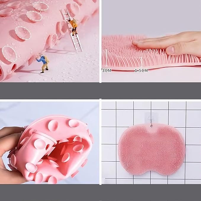 Shower Foot & Back Scrubber, Massage Pad with Suction Cups & Pumice Stone, Multi-Surface Silicone Bath Mat for Exfoliating and Massaging in Shower or Bathtub, 9.8x11.8 Inch (Pink)