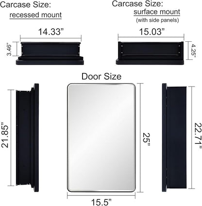 Black Bathroom Mirror Medicine Cabinet with Round Corner Framed Door and Beveled Edge Mirror 15 x 25 inch, Recessed or Surface Mount, with Adjustable Glass Shelves