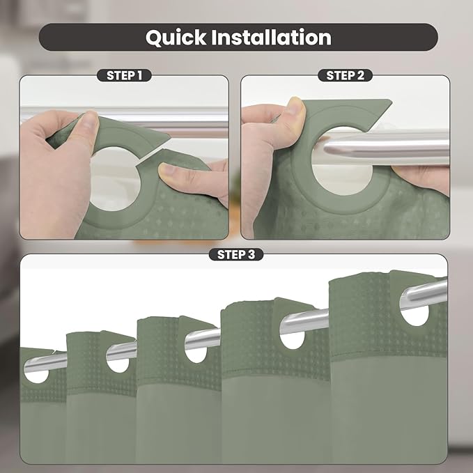 Inhousolu No Hook Shower Curtain with Snap in Fabric Liner Set Waffle Weave 230GSM Weighted Hem, Waterproof & Washable Bathroom Curtain Spa Luxury with Mesh Top Window 72" W x 72" L Sage Green