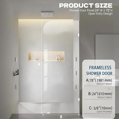 Bathroom Shower Door, 24" W ×78" H Fixed Shower Glass Panel with Clamps, 3/8" (10mm) Glass Shower Doors, Clear Tempered Frameless Shower Panel in Polished Chrome Finish