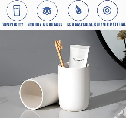 Toothbrush Holders for Bathrooms - 2 Cups Ceramic Toothbrush Toothpaste Holders Set, White Bathroom Tumbler Cups Reusable Toothbrush Mouthwash Cup, Bathroom Counter Organizer