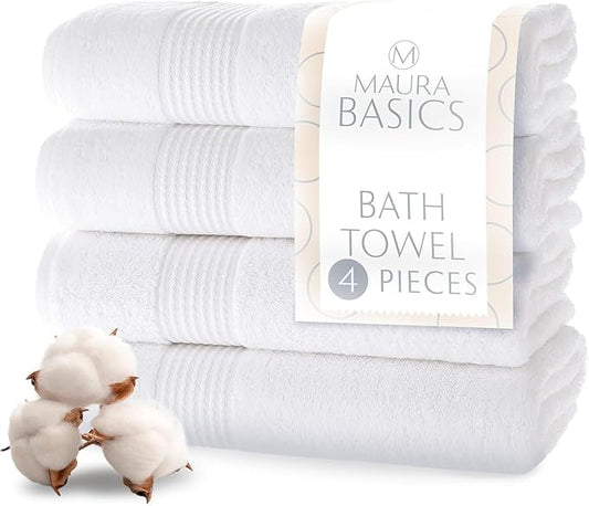 MAURA Basics Performance Bath Towels 100% Turkish Cotton with Hook Loops. Extra Large Luxury Absorbent Plush Towel Sets for Bathroom, Daily Use American Standard Size 27”x54”, White