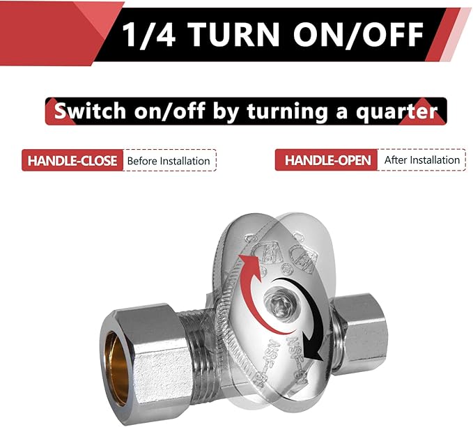 20-Pack EFIELD Straight Stop Valve 1/2" Nominal (5/8" OD) Compression x 3/8" OD, 1/4-Turn, Chrome Plated Brass,(VALVE122-20PCS)