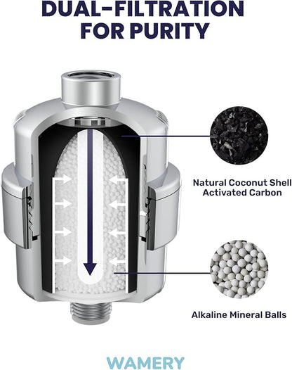 Wamery Shower Head Filter for Hard Water - Alkaline Multi‑Stage Inline Filter, Helps Reduce Chlorine & Odors, Universal 1/2‑Inch Fit, Easy Install, Extra Cartridge Included, Chrome