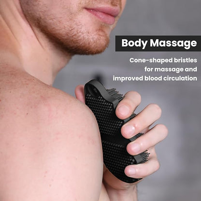 Silicone Body Scrubber Silver-Infused Dual-Sided 3-in-1 for Shower, Body Cleaning+Massage+Exfoliator Body Brush Buffer for Men and Women, Silicone Loofah, Non-Slip Handle (Black)