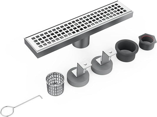 12 Inch Rectangular Shower Floor Drain, Brushed Nickel High Flow Shower Drain Kit with Flange with Hair Filter, Removable Grate Cover, 304 Stainless Steel, Abs Fixing Tray (Brushed)
