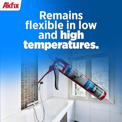 Akfix 100E RTV Clear Silicone Caulk (48x10.1 fl.oz.) - 100% Waterproof Silicone Sealant for Kitchen and Bathroom, Shower, Toilet, Sink, Window and Door, No Yellowing | Clear, 48 Pack