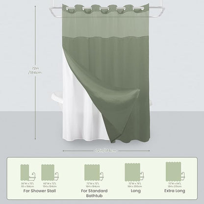 Inhousolu No Hook Shower Curtain with Snap in Fabric Liner Set Waffle Weave 230GSM Weighted Hem, Waterproof & Washable Bathroom Curtain Spa Luxury with Mesh Top Window 72" W x 72" L Sage Green