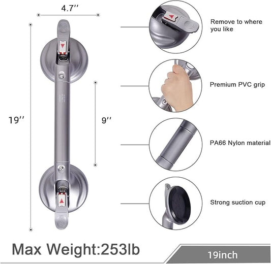19inch Shower Suction Grab Bar, Portable Shower Handle Bar Suction Grip Bar Bathtub Handle with Strong Hold Suction Cup Fitting and Rapid Release for Bathroom(Max Capacity 300lb