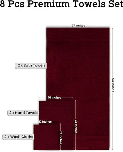Casa Lino Bath Towel Set of 8 (2 Bath Towels, 4 Wash Cloths & 2 Hand Towels for Bathroom) - 100% Cotton - Highly Absorbent & Quick Dry - Guest Room Essentials for Bathroom Set - (Burgundy)