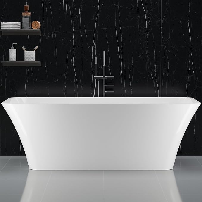 59 in Acrylic Freestanding Bathtub, Deep Soaking Tub with Non-Slip Base, cUPC Certified Free Standing Tub, Chrome Drain Bath Tub, Modern Tub for Bathrooms, White
