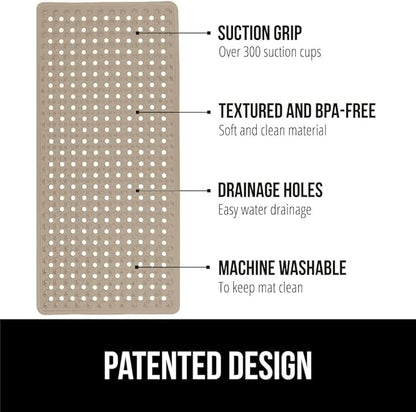 GORILLA GRIP Patented Bath Tub Shower Mat, Machine Washable Bathtub Floor Liner Mats, Suction Cups and Drain Holes to Keep Tubs Clean, Soft on Feet, Bathroom Essentials, 35x16 Inch, Beige