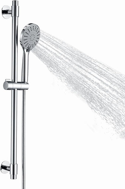 Adjustable Shower Slide Bar with 5-Function Handheld Shower Head, Stainless Steel Drill-free Mounted Slide Bar Combo with Extra Hose (Chrome)