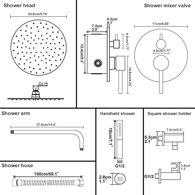 BESy Shower System with 10 Inch Round Rain Shower Head and Handheld Wall Mounted, High Pressure Rainfall Heads Shower Faucet Fixture Combo Set with 2 in 1 Spray Showerhead for Bathroom, Matte Black