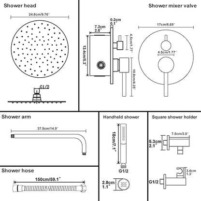 BESy Shower System with 10 Inch Round Rain Shower Head and Handheld Wall Mounted, High Pressure Rainfall Heads Shower Faucet Fixture Combo Set with 2 in 1 Spray Showerhead for Bathroom, Matte Black