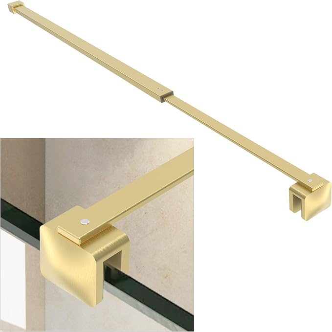 Shower Door Glass Support Bar, 26.96" to 48.54" Adjustable Stainless Steel Wall-to-Glass Shower Stabilizer Rod for 1/4", 5/16", 3/8", Brushed Gold
