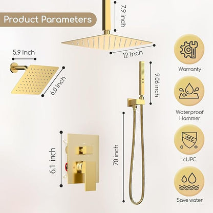 Dual Shower System Brushed Gold,Five Functions Knob Diverter Rainfall Shower Faucet Set with 2 in 1 Handheld Spray,12'' Ceiling Mount and 6'' Wall Mount Rainfall Shower System