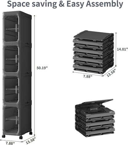 KHNR 4-Tiers Slim Bathroom Storage Cabinet, Foldable Storage Cabinets,Narrow Bathroom Storage,Movable Bathroom Storage Organizer for Small Spaces,Bathroom,Kitchen,Laundry,Black
