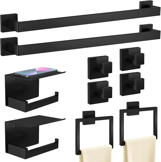 10-Piece Matte Black Bathroom Hardware Accessories Set, 24 inch Towel Bar, Stainless Steel Towel Racks for Bathroom, Bath Towel Bar Set Wall Mounted