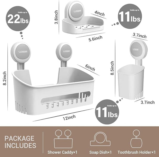 LUXEAR 3 Pack Shower Caddy Suction Cup Set - Shower Shelf, Soap Dish, Toothbrush Holder - White