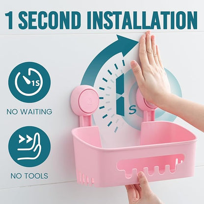 TAILI Shower Caddy Suction Cup, Heavy Duty Bathroom Organizer, Removable Shelves for Inside Shower, Shampoo, Waterproof Suction Plastic Storage for Bathroom Accessories Holder, Pink