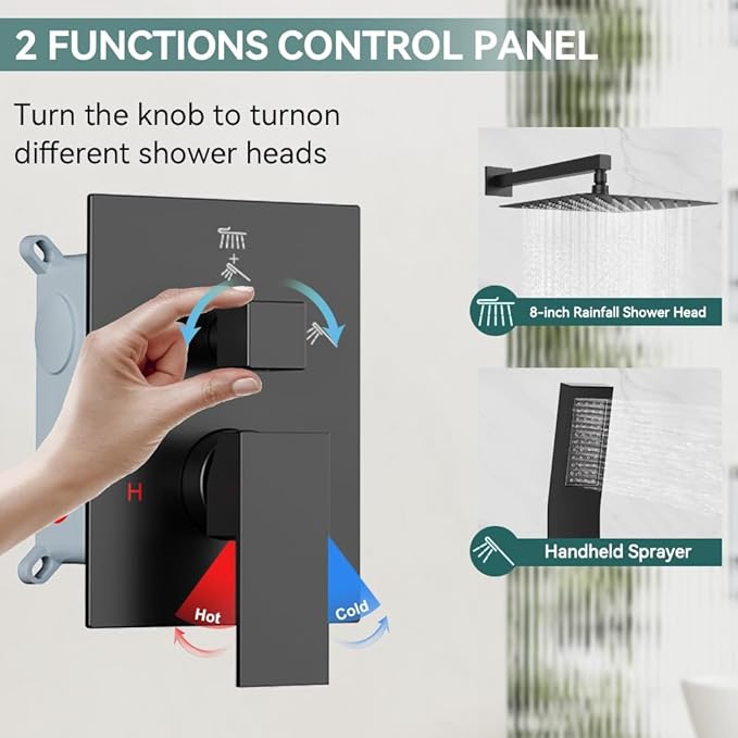 Shower Faucet Set Matte Black Shower System, Starbath 8" Rain Shower Head and Handheld Spray Shower Set Complete Wall Mounted,2 Way Pressure Balance Shower Valve and Trim Kit Included