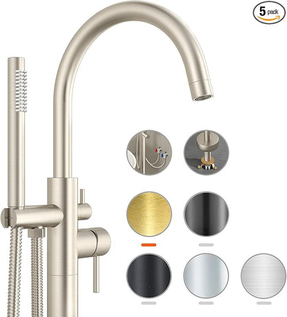 Freestanding Bathtub Faucet Waterfall Tub Filler Brushed Nickel Floor Mount Brass Single Handle Bathroom Faucets with Hand Shower (Brushed Nickel, Water in the side)