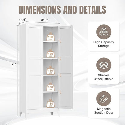 Yizosh Metal Pantry Cabinet, 75" Kitchen Pantry with 2 Door and 4 Adjustable Shelves,White Metal Pantry Storage Cabinet,Cupboard for Kitchen,Dining Room,Living Room and Bathroom
