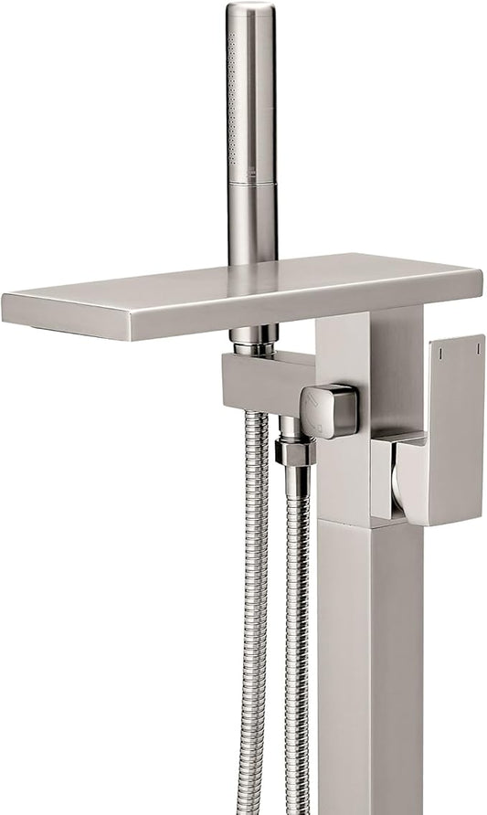 Hoimpro Floor Mount Bathtub Faucet Freestanding Waterfall Tub Filler, Brushed Nickel Single Handle High Flow Shower Faucets Mixer Bathroom Tub Faucets with 2 Function Hand Shower Wand